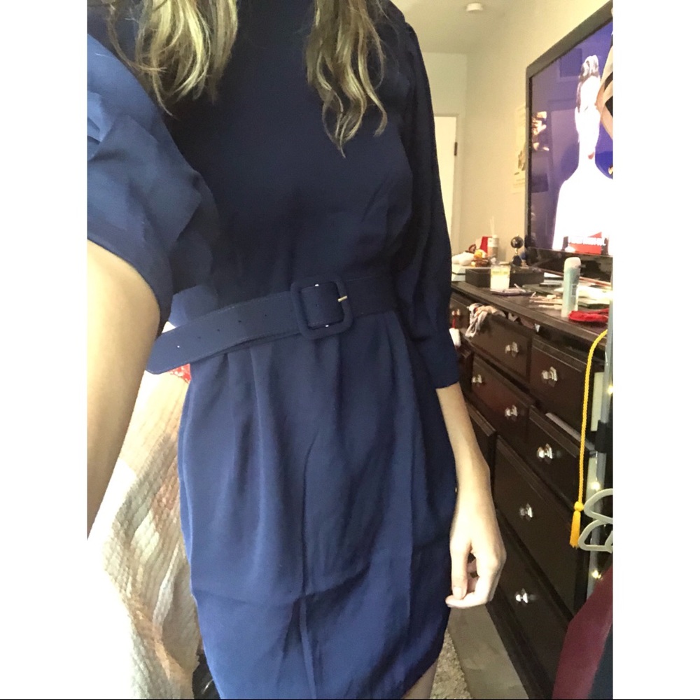 Blue crepe belted dress